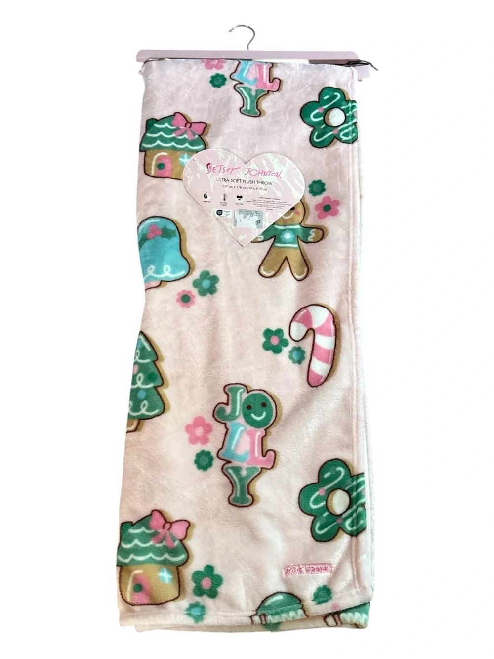 New Betsey Johnson Pink Holiday Plush Throw with Gingerbread & Candy Motifs